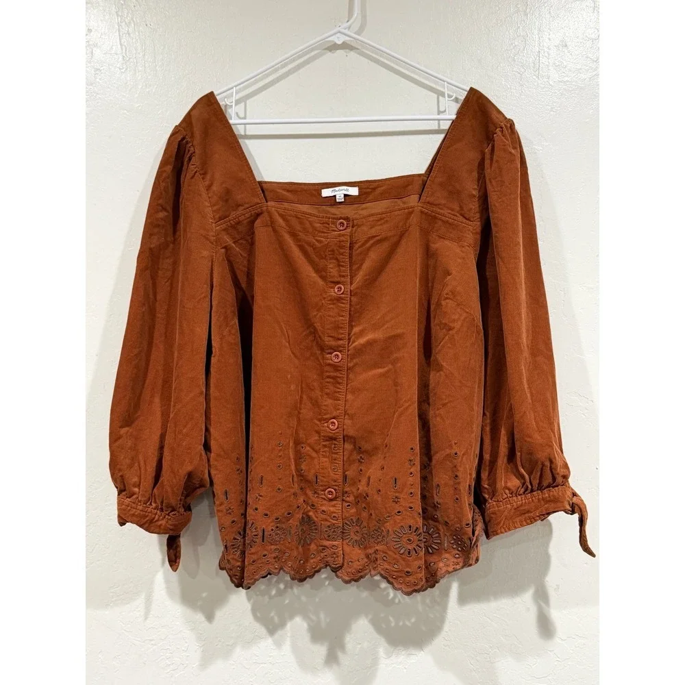 Madewell Corduroy Eyelet Button Front Top Rust Brown Square Neck Plus Size 3X